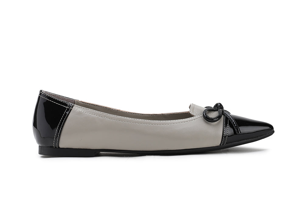 7533-1 BLACK TWO-TONE BOW PATENT POINTY LEATHER FLATS