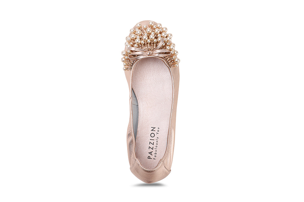 1299-10 CHAMPAGNE PEARL EMBELLISHED LEATHER FLATS