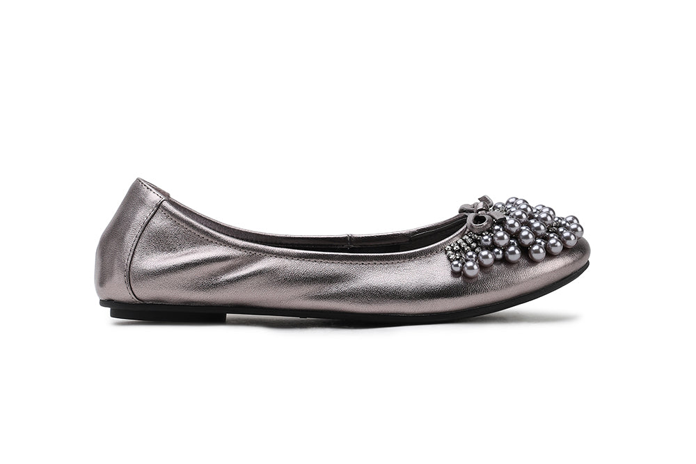 1299-10 PEWTER PEARL EMBELLISHED LEATHER FLATS