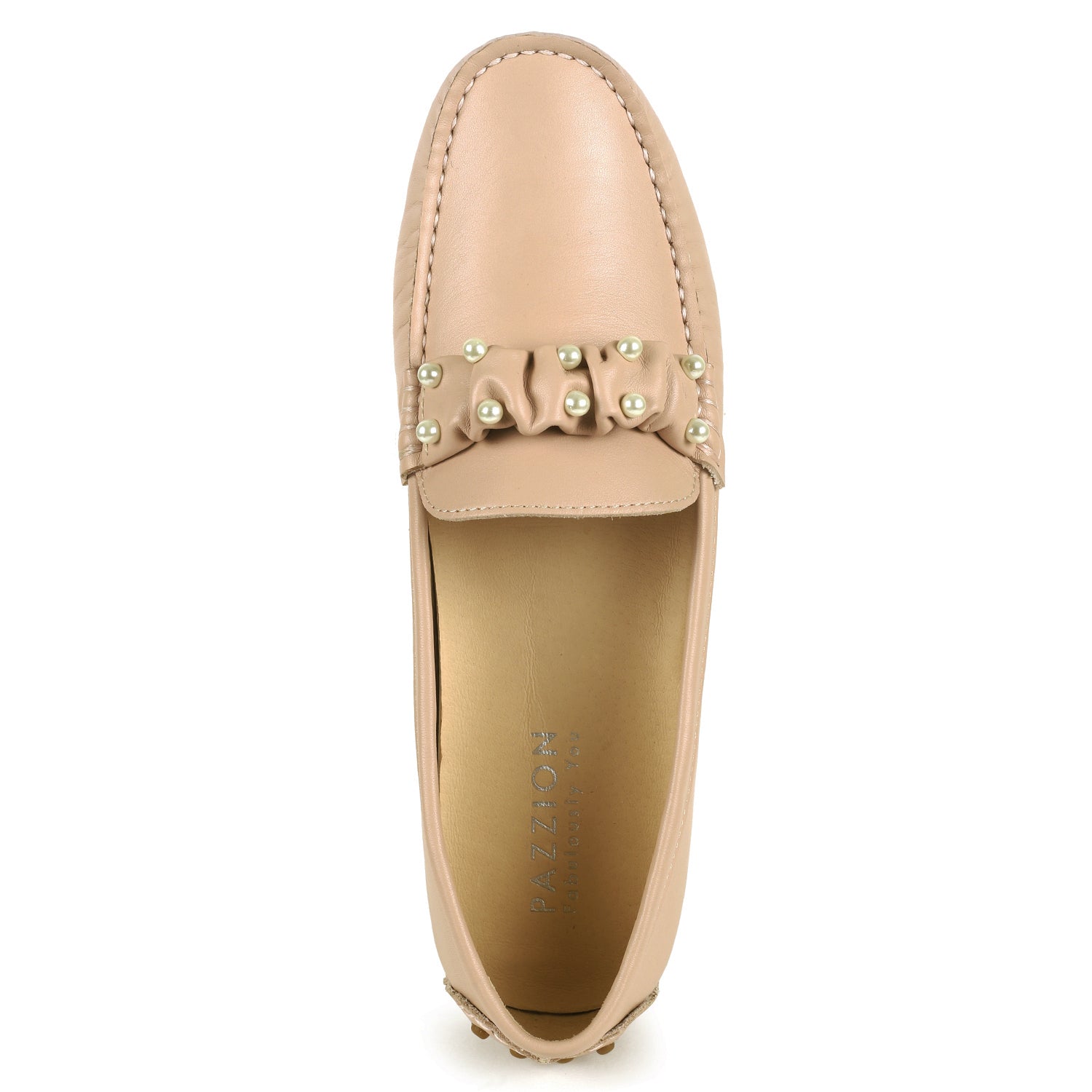 W613-12 Annalise Ruched Pearl Moccasins Loafer - Almond