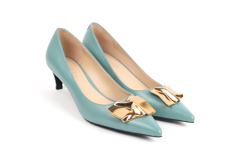 LT3916-8 GREEN GOLD  BUCKLE POINTED LEATHER HEELS