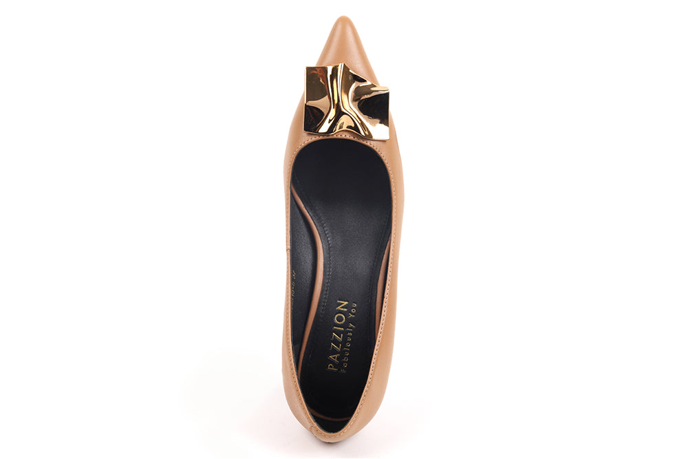 LT3916-8 BROWN GOLD  BUCKLE POINTED LEATHER HEELS
