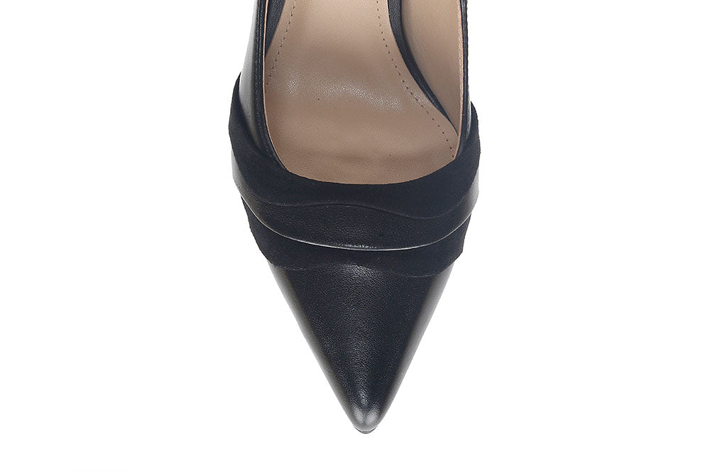 LT828-62 BLACK  SUEDE DRAPE LEATHER POINTY HIGH HEELS